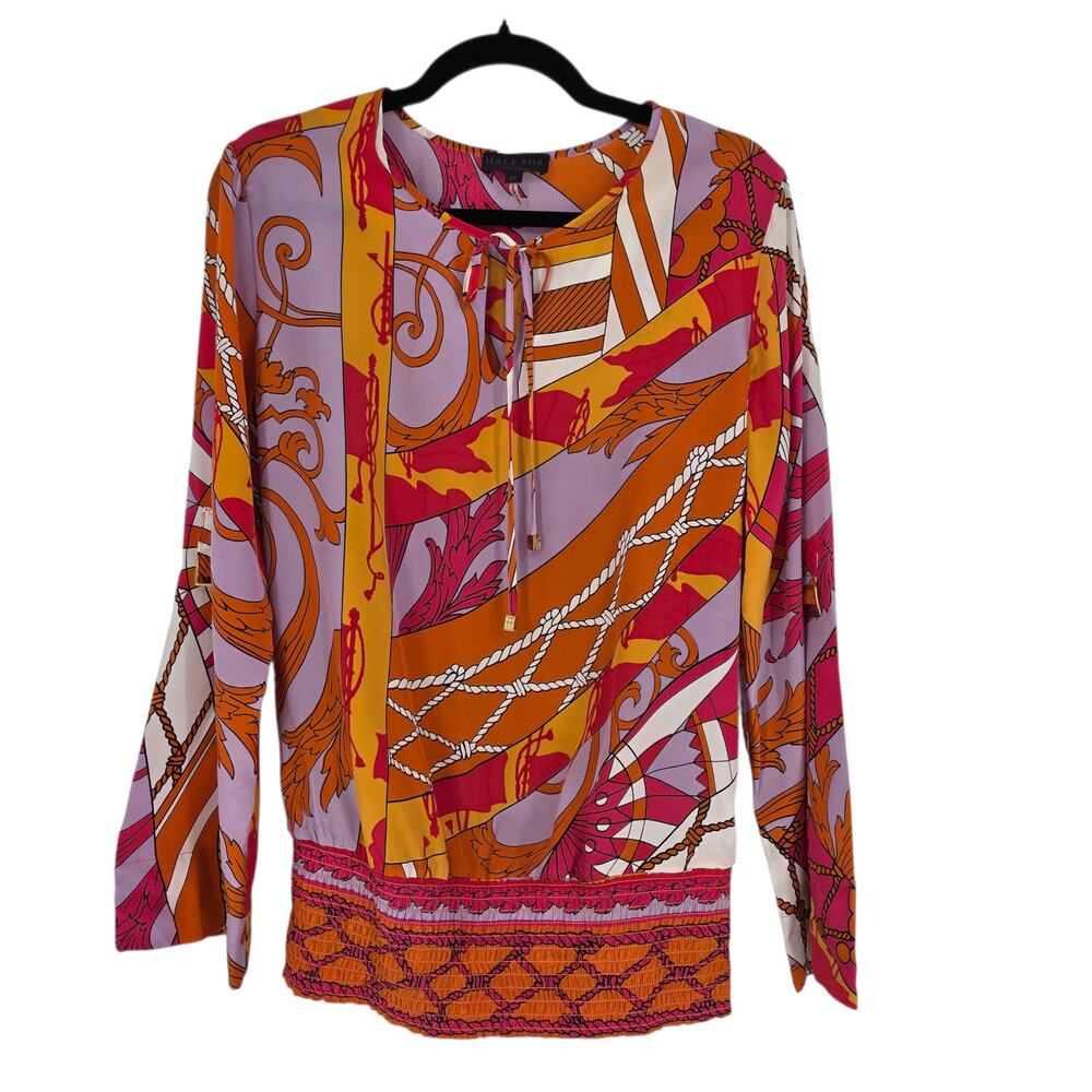Hale Bob Multicolor Mixed Print Silk Tie Neck Roll Tab Long Sleeve Top Size M